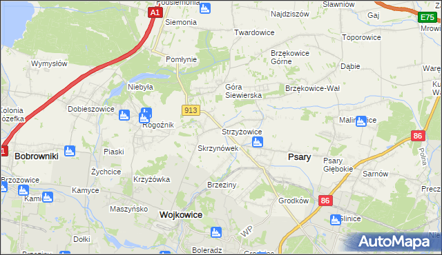 mapa Strzyżowice gmina Psary, Strzyżowice gmina Psary na mapie Targeo