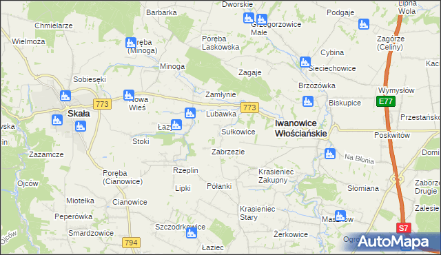 mapa Sułkowice gmina Iwanowice, Sułkowice gmina Iwanowice na mapie Targeo