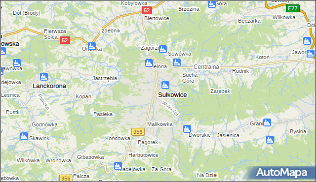 mapa Sułkowice powiat myślenicki, Sułkowice powiat myślenicki na mapie Targeo