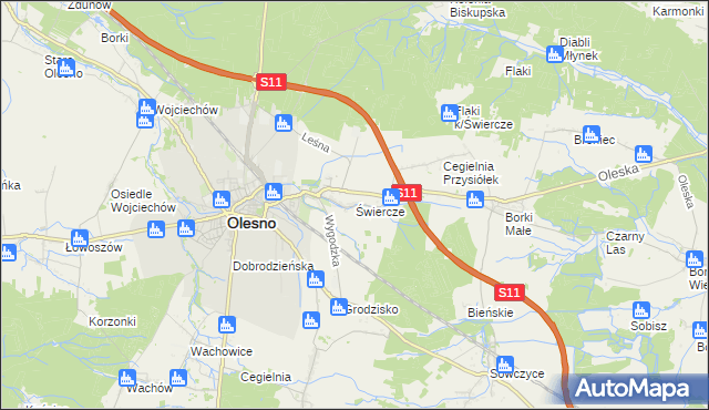 mapa Świercze gmina Olesno, Świercze gmina Olesno na mapie Targeo