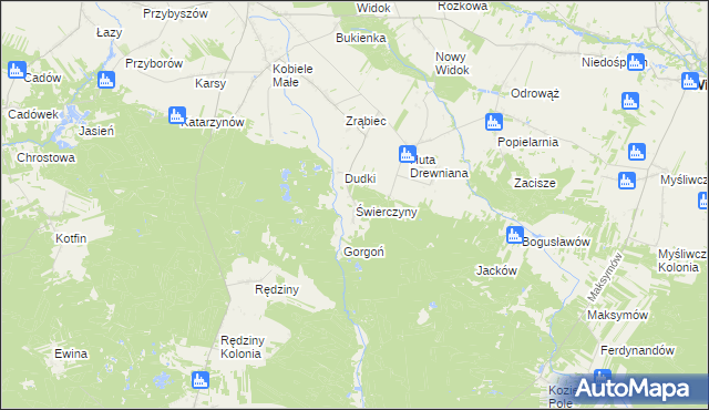 mapa Świerczyny gmina Kobiele Wielkie, Świerczyny gmina Kobiele Wielkie na mapie Targeo