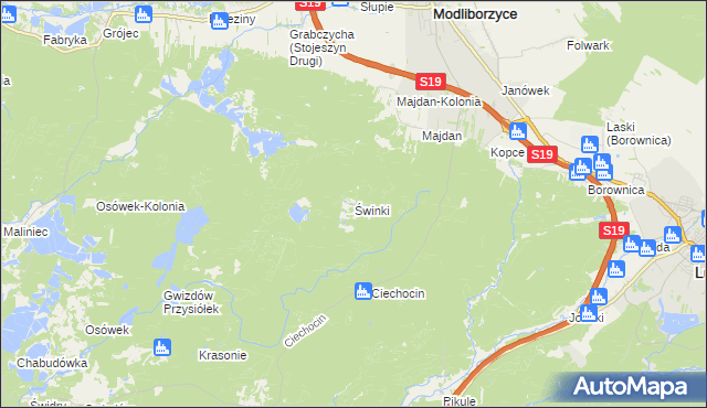 mapa Świnki gmina Modliborzyce, Świnki gmina Modliborzyce na mapie Targeo
