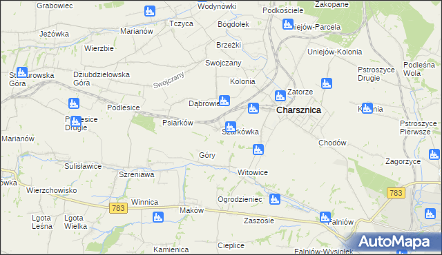mapa Szarkówka gmina Charsznica, Szarkówka gmina Charsznica na mapie Targeo