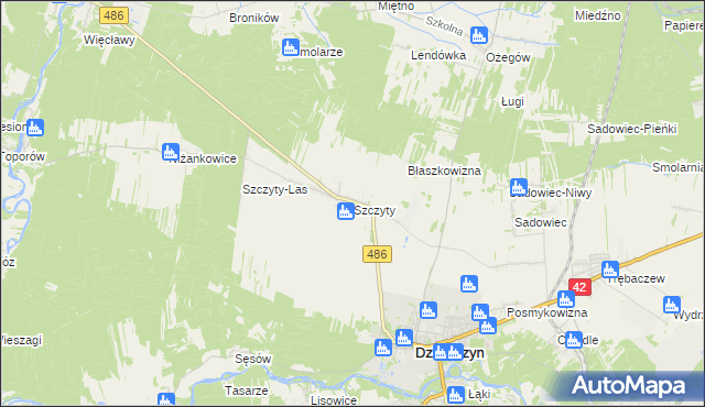 mapa Szczyty gmina Działoszyn, Szczyty gmina Działoszyn na mapie Targeo