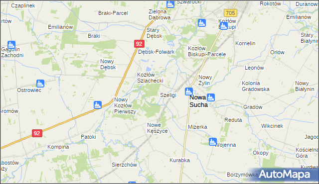 mapa Szeligi gmina Nowa Sucha, Szeligi gmina Nowa Sucha na mapie Targeo