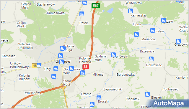 mapa Szklana Huta gmina Złoczew, Szklana Huta gmina Złoczew na mapie Targeo