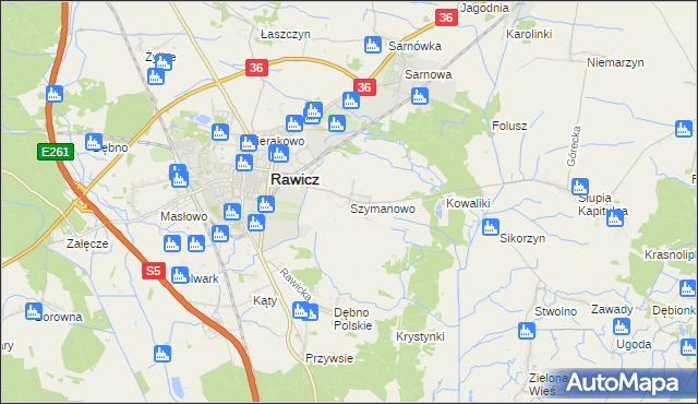 mapa Szymanowo gmina Rawicz, Szymanowo gmina Rawicz na mapie Targeo