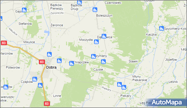 mapa Szymany gmina Dobra, Szymany gmina Dobra na mapie Targeo