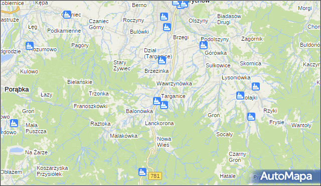 mapa Targanice, Targanice na mapie Targeo