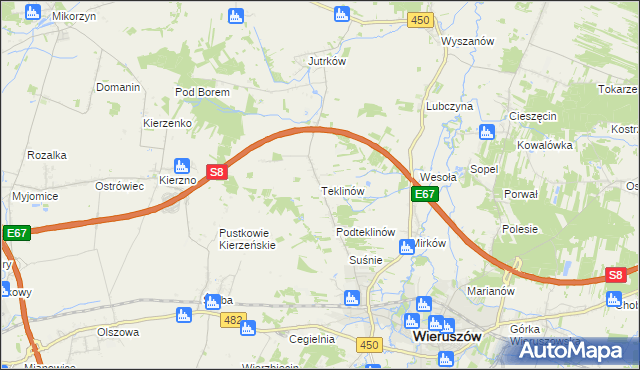 mapa Teklinów gmina Wieruszów, Teklinów gmina Wieruszów na mapie Targeo
