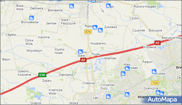 mapa Tłuste gmina Grodzisk Mazowiecki, Tłuste gmina Grodzisk Mazowiecki na mapie Targeo