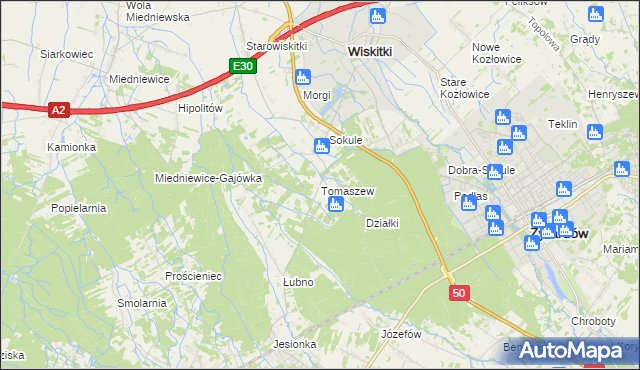 mapa Tomaszew gmina Wiskitki, Tomaszew gmina Wiskitki na mapie Targeo