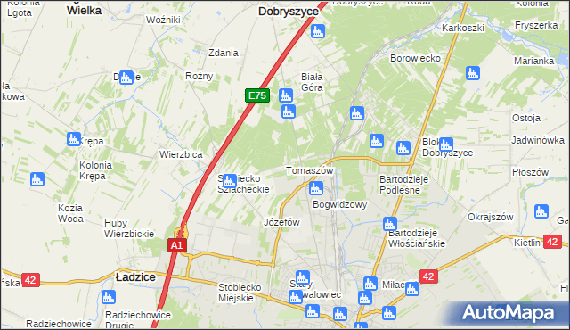 mapa Tomaszów gmina Ładzice, Tomaszów gmina Ładzice na mapie Targeo