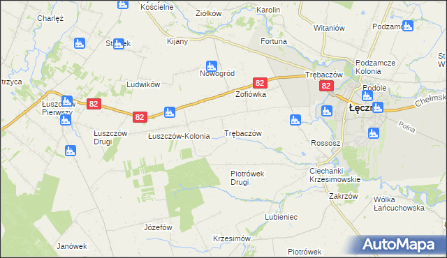 mapa Trębaczów gmina Łęczna, Trębaczów gmina Łęczna na mapie Targeo