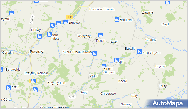 mapa Trzaski gmina Przytuły, Trzaski gmina Przytuły na mapie Targeo