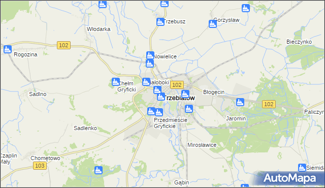 mapa Trzebiatów powiat gryficki, Trzebiatów powiat gryficki na mapie Targeo