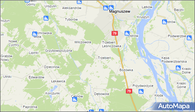 mapa Trzebień gmina Magnuszew, Trzebień gmina Magnuszew na mapie Targeo