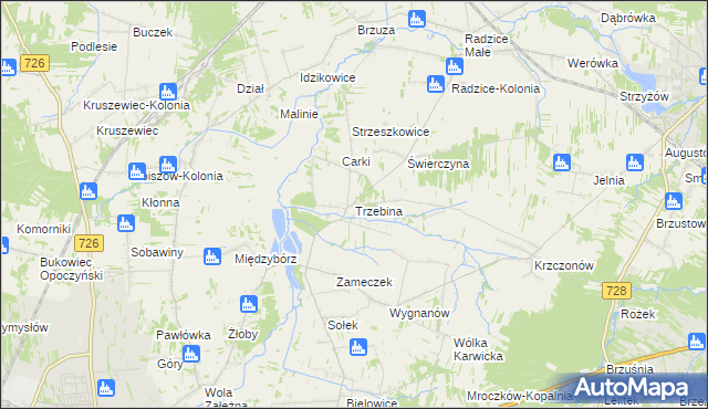mapa Trzebina gmina Drzewica, Trzebina gmina Drzewica na mapie Targeo