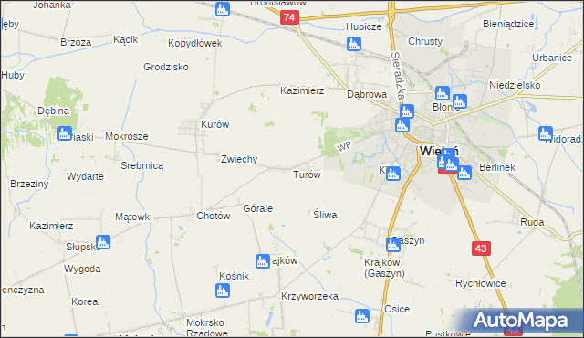 mapa Turów gmina Wieluń, Turów gmina Wieluń na mapie Targeo