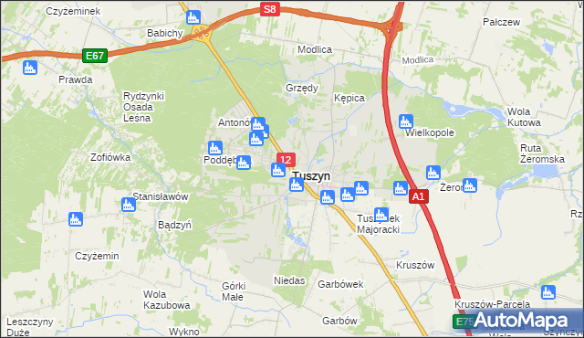 mapa Tuszyn powiat łódzki wschodni, Tuszyn powiat łódzki wschodni na mapie Targeo