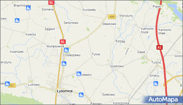 mapa Tylice gmina Łysomice, Tylice gmina Łysomice na mapie Targeo