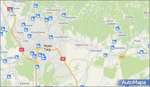 mapa Waksmund, Waksmund na mapie Targeo