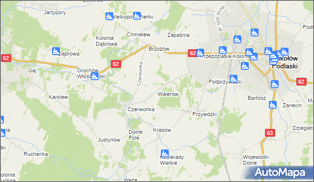 mapa Walerów gmina Sokołów Podlaski, Walerów gmina Sokołów Podlaski na mapie Targeo