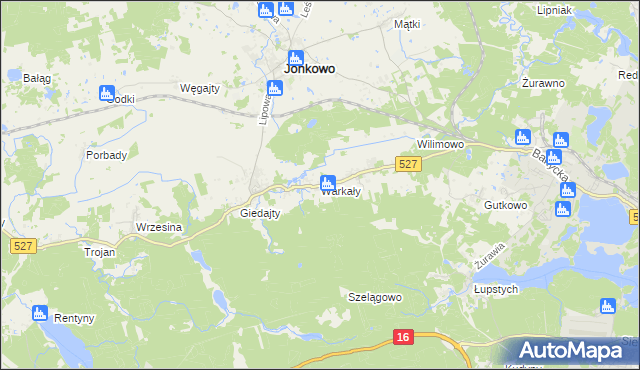mapa Warkały gmina Jonkowo, Warkały gmina Jonkowo na mapie Targeo