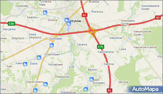 mapa Warszewice gmina Stryków, Warszewice gmina Stryków na mapie Targeo