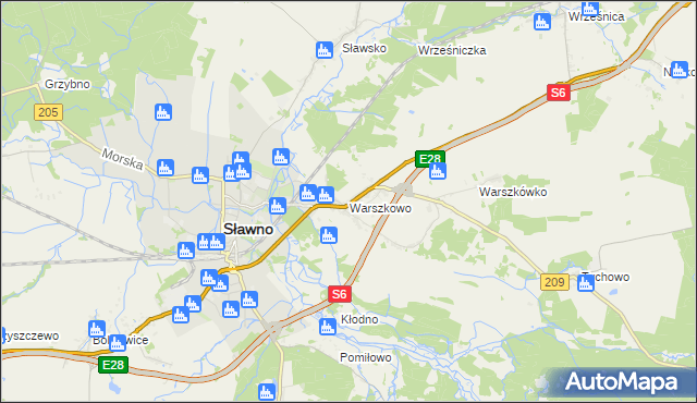 mapa Warszkowo gmina Sławno, Warszkowo gmina Sławno na mapie Targeo