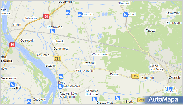 mapa Warszówka gmina Sobienie-Jeziory, Warszówka gmina Sobienie-Jeziory na mapie Targeo