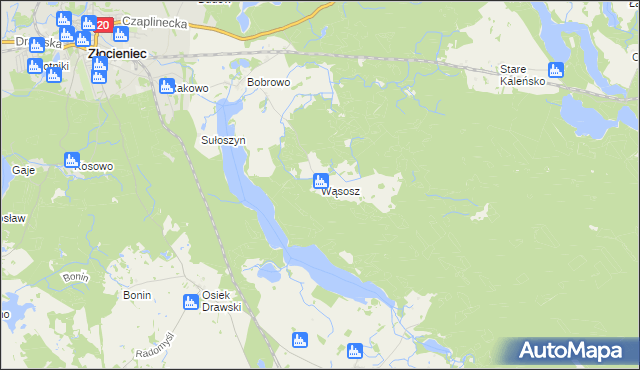 mapa Wąsosz gmina Złocieniec, Wąsosz gmina Złocieniec na mapie Targeo