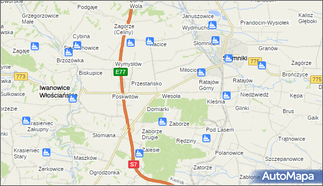 mapa Wesoła gmina Słomniki, Wesoła gmina Słomniki na mapie Targeo