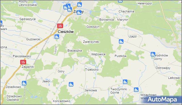 mapa Wężowice gmina Cieszków, Wężowice gmina Cieszków na mapie Targeo