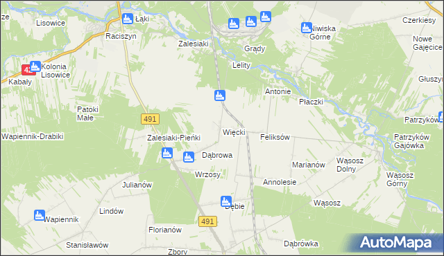 mapa Więcki gmina Popów, Więcki gmina Popów na mapie Targeo
