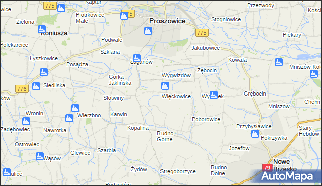 mapa Więckowice gmina Proszowice, Więckowice gmina Proszowice na mapie Targeo
