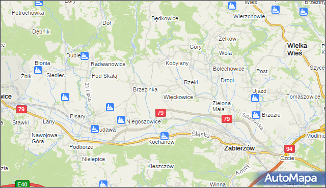mapa Więckowice gmina Zabierzów, Więckowice gmina Zabierzów na mapie Targeo