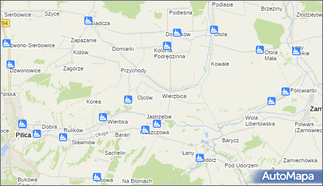 mapa Wierzbica gmina Pilica, Wierzbica gmina Pilica na mapie Targeo