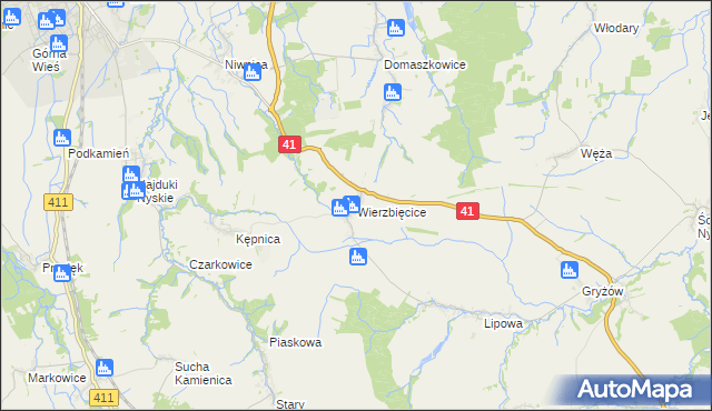 mapa Wierzbięcice gmina Nysa, Wierzbięcice gmina Nysa na mapie Targeo