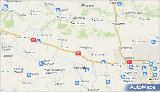 mapa Wierzbiny gmina Obrazów, Wierzbiny gmina Obrazów na mapie Targeo