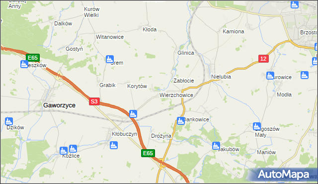 mapa Wierzchowice gmina Gaworzyce, Wierzchowice gmina Gaworzyce na mapie Targeo