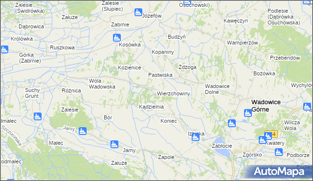 mapa Wierzchowiny gmina Wadowice Górne, Wierzchowiny gmina Wadowice Górne na mapie Targeo