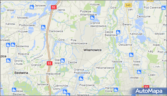 mapa Wilamowice powiat bielski, Wilamowice powiat bielski na mapie Targeo