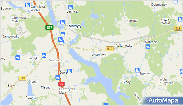 mapa Wilamowo gmina Małdyty, Wilamowo gmina Małdyty na mapie Targeo