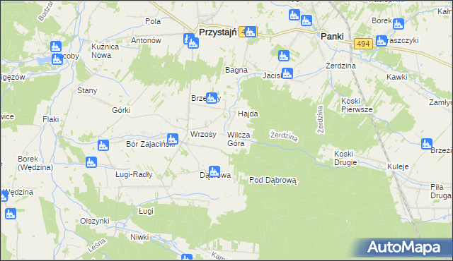 mapa Wilcza Góra gmina Przystajń, Wilcza Góra gmina Przystajń na mapie Targeo