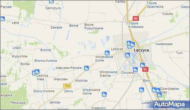 mapa Wilczkowice Dolne gmina Łęczyca, Wilczkowice Dolne gmina Łęczyca na mapie Targeo