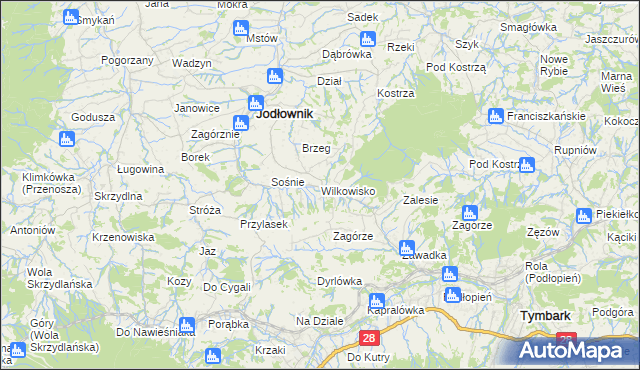 mapa Wilkowisko gmina Jodłownik, Wilkowisko gmina Jodłownik na mapie Targeo