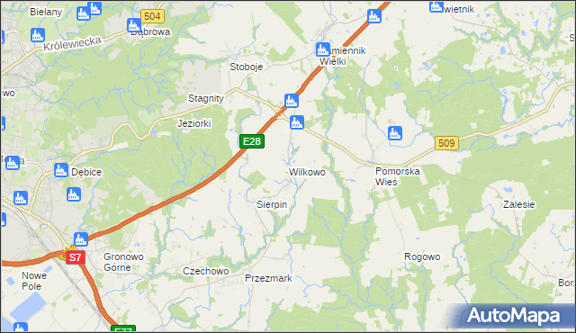 mapa Wilkowo gmina Milejewo, Wilkowo gmina Milejewo na mapie Targeo