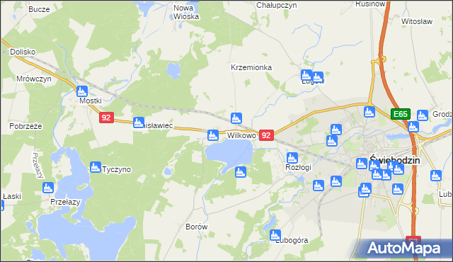mapa Wilkowo gmina Świebodzin, Wilkowo gmina Świebodzin na mapie Targeo
