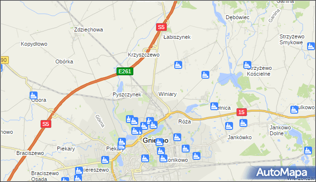 mapa Winiary gmina Gniezno, Winiary gmina Gniezno na mapie Targeo